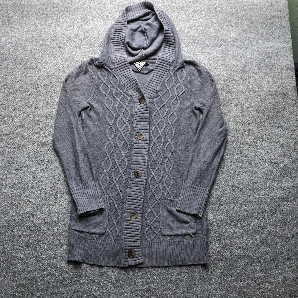 Volcom Cardigan Sweater Womens Medium Gray Hooded Cable Knit Button Pockets